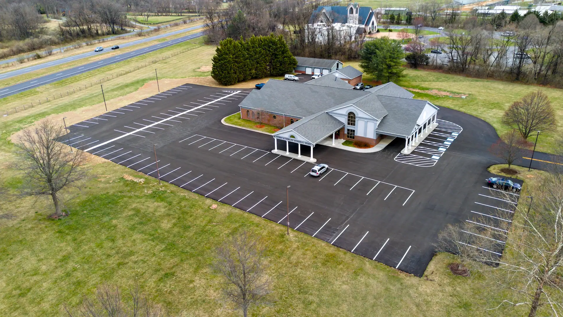 Aerial photo of completed project for road construction and paving services in Winchester VA.